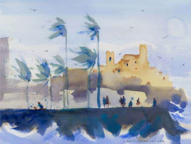 aquarelle des remparts d'Antibes lors de forts vents