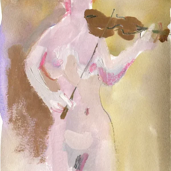 gouache nue artistique femme jouant du violon debout